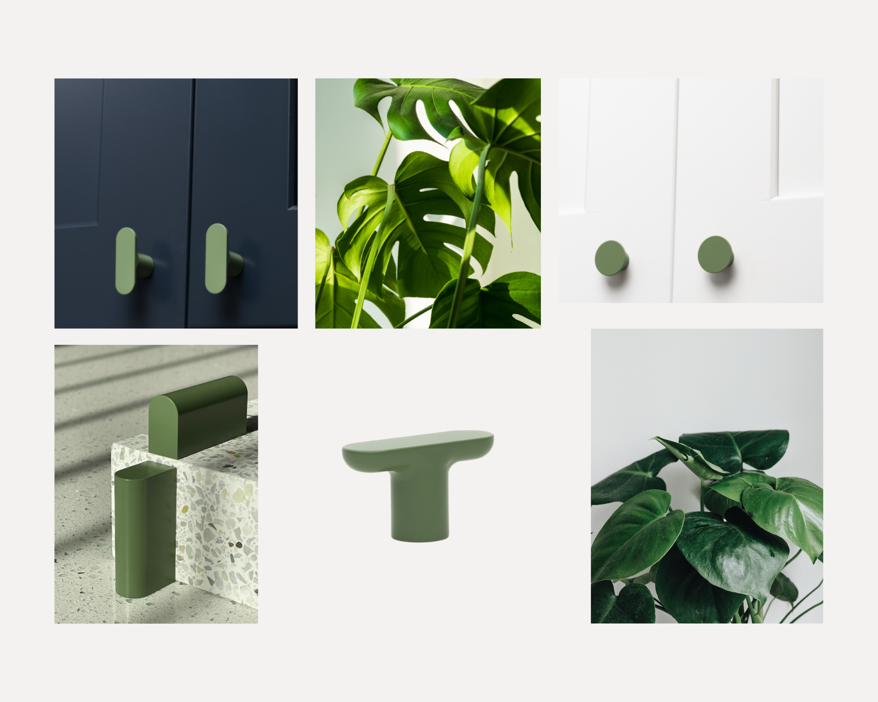 Olive-colored cabinet hardware in various styles, paired with indoor plants, showcasing a nature-inspired design for modern home deco