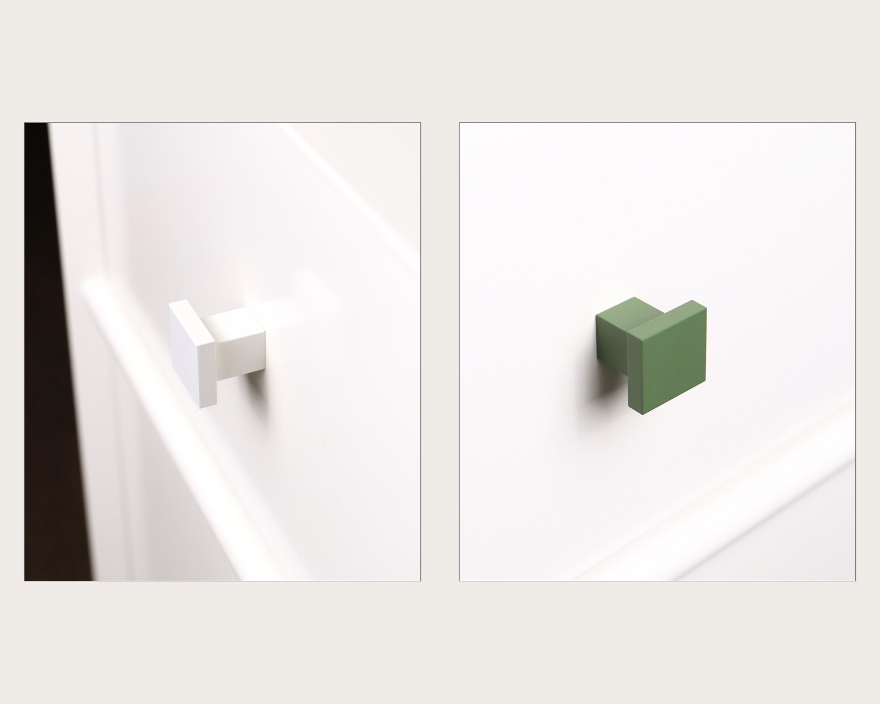 White and green square Art Deco cabinet knobs mounted on white drawers in a minimal design
