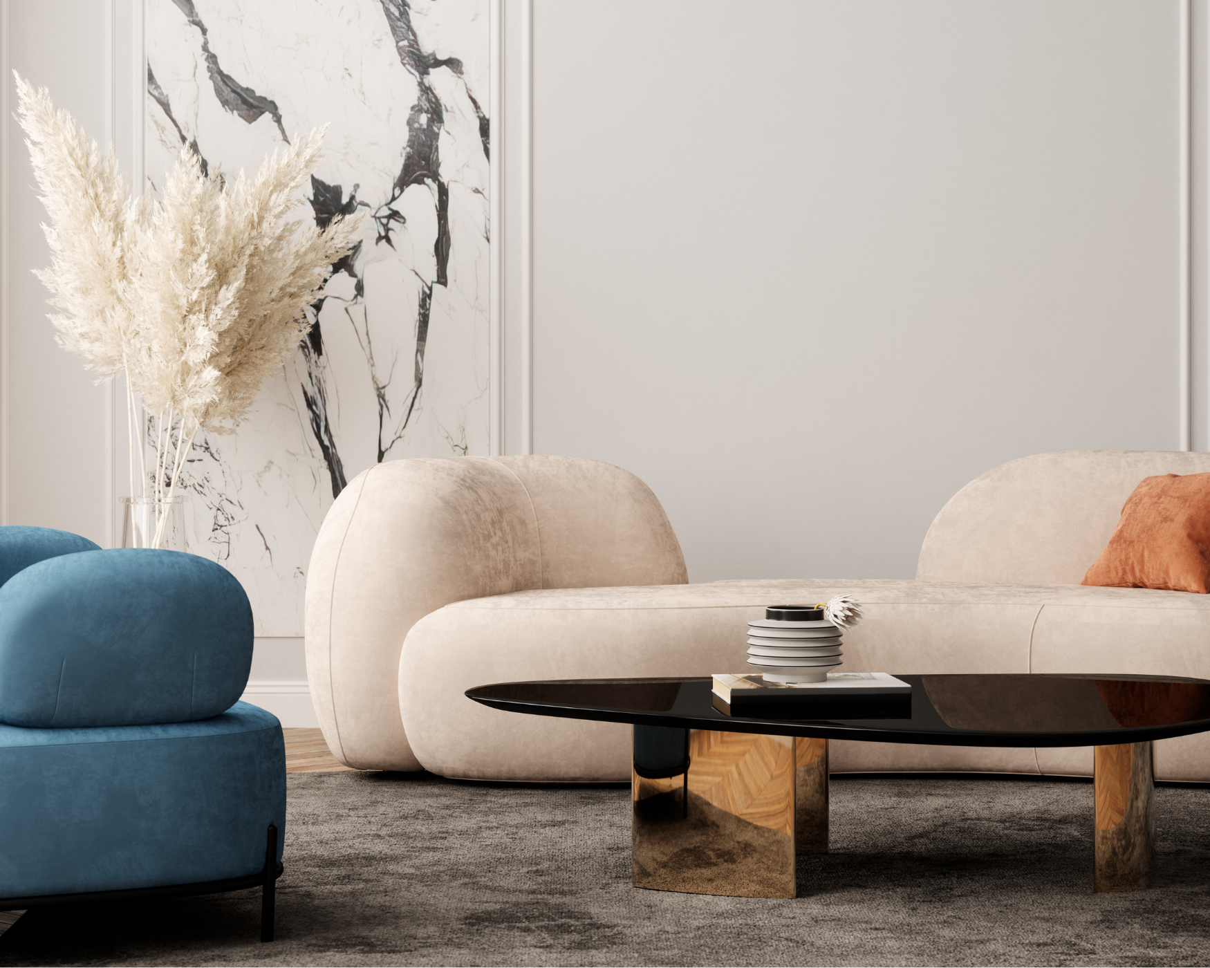Mid-Century Modern living room with soft beige furniture, a blue chair, and a black coffee table, reflecting timeless elegance