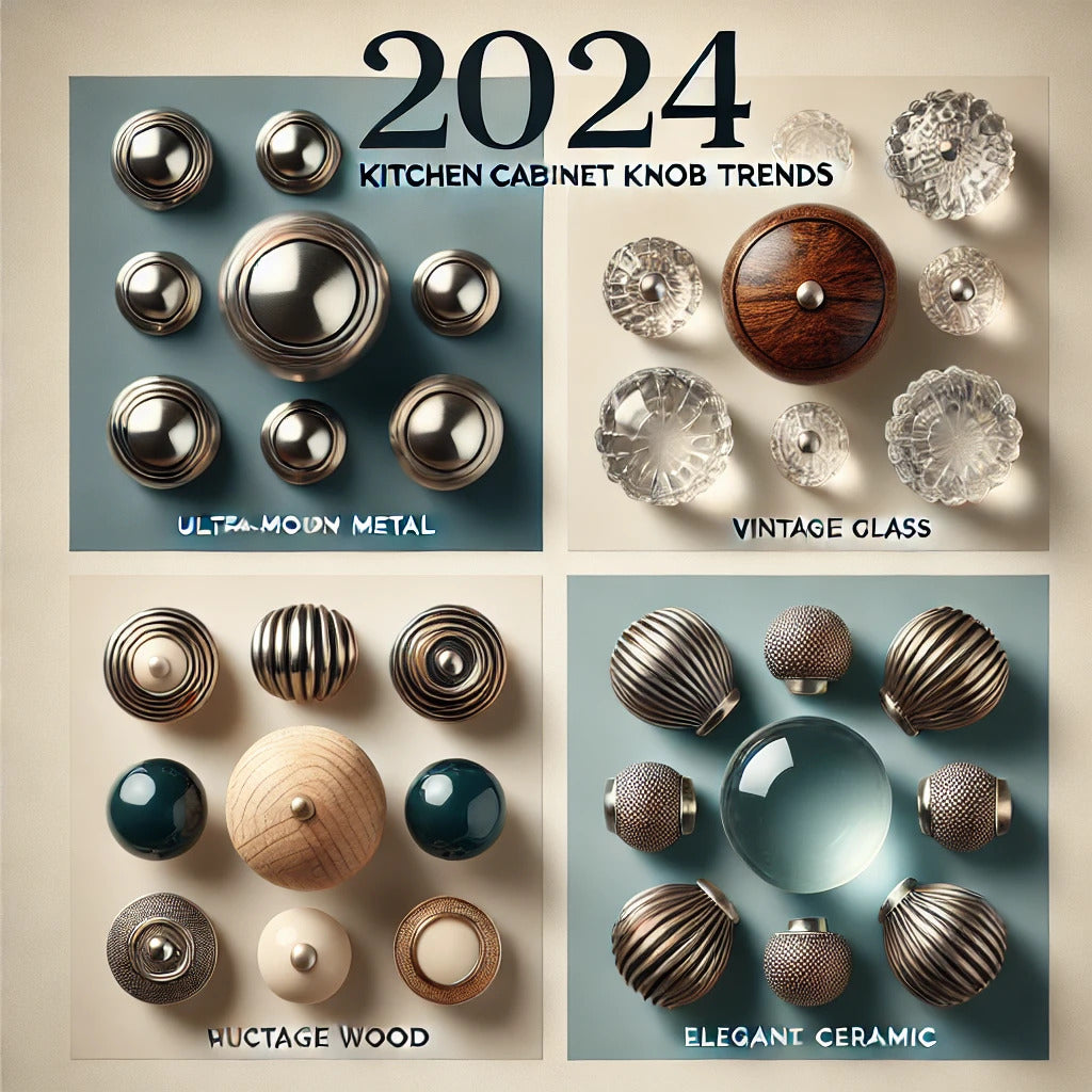 2024 kitchen cabinet knob trends featuring ultra-modern metal, vintage glass, hued wood, and elegant ceramic styles