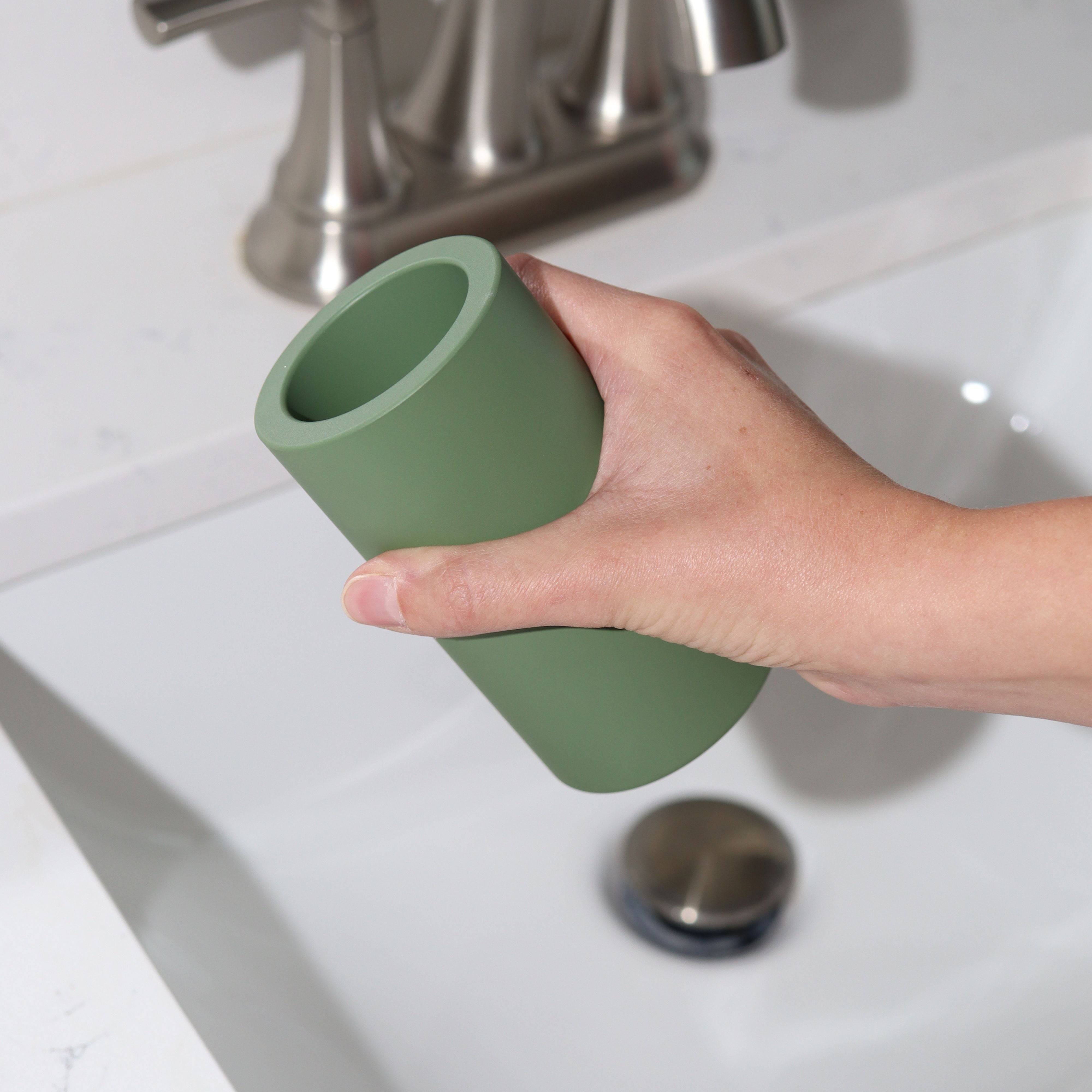 Olive green countertop organizer for bathroom