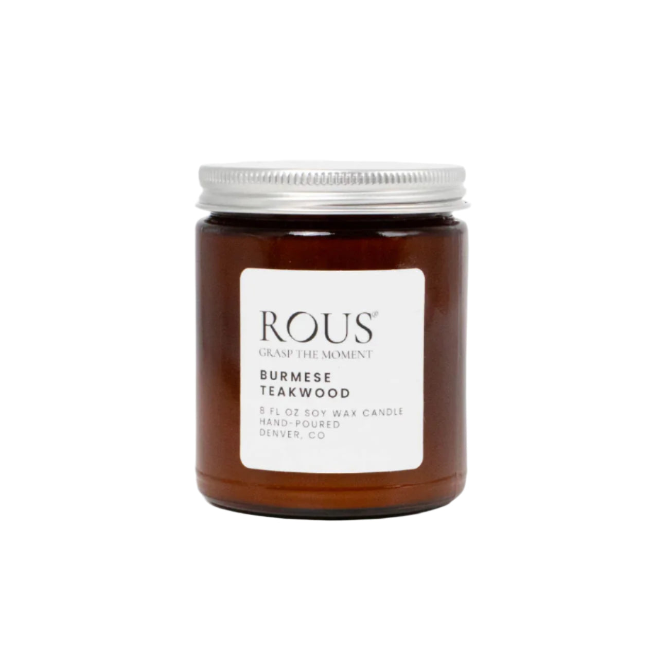 a hand-poured burmese and teakwood soy candle from Denver. This has an amber glass container with a lid.