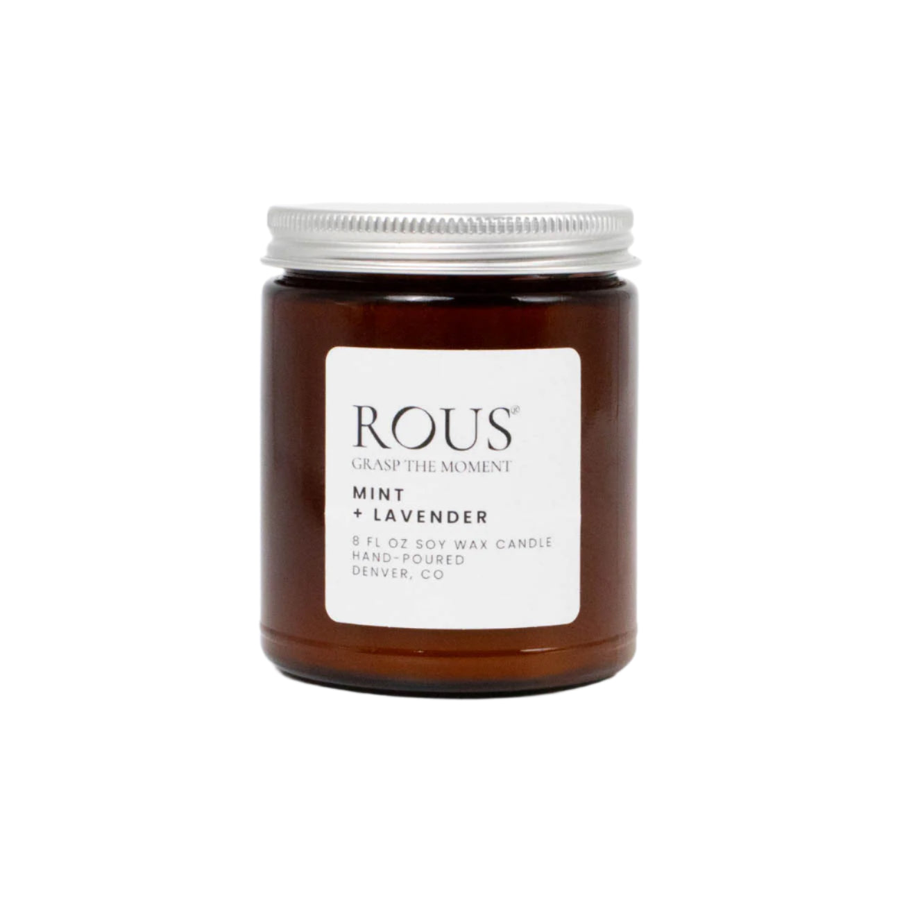 A mint and lavender 8 fl oz, hand poured, so wax candle in an amber container.