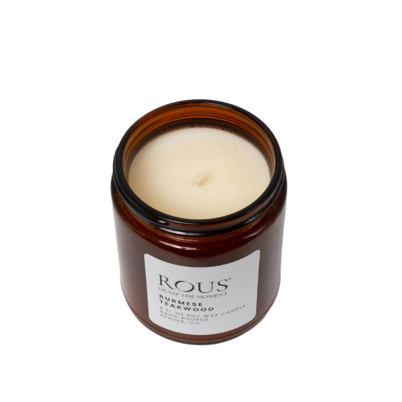 Soy wax Burmese Teakwood Candle in reusable amber jar