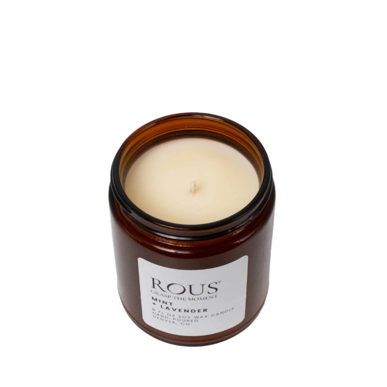 a view of the clean-burning wick for the mint and lavender 8 oz, hand-poured, soy wax candle.
