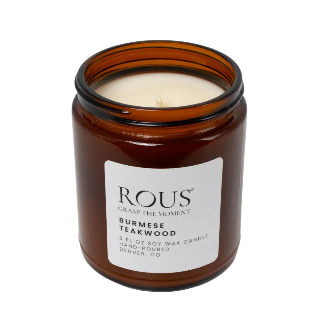 Hand-poured Burmese Teakwood Candle in amber glass jar, 100% natural soy wax.