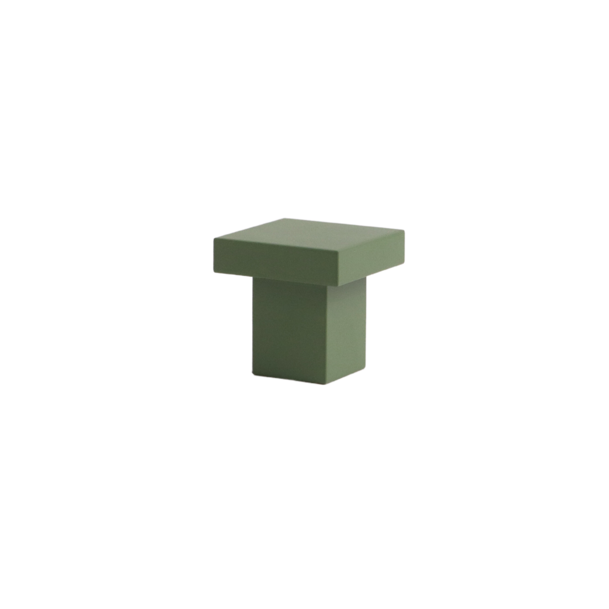 A small square cabinet knob in olive green from the side perspective. The top is square with a rectangular backplate.