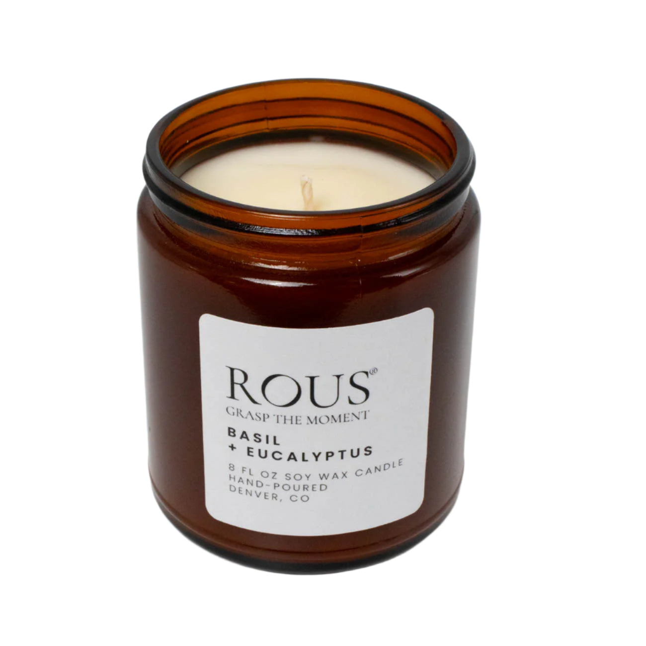 Basil and Eucalyptus hand-poured candle made in Denver Colorado in an amber container.