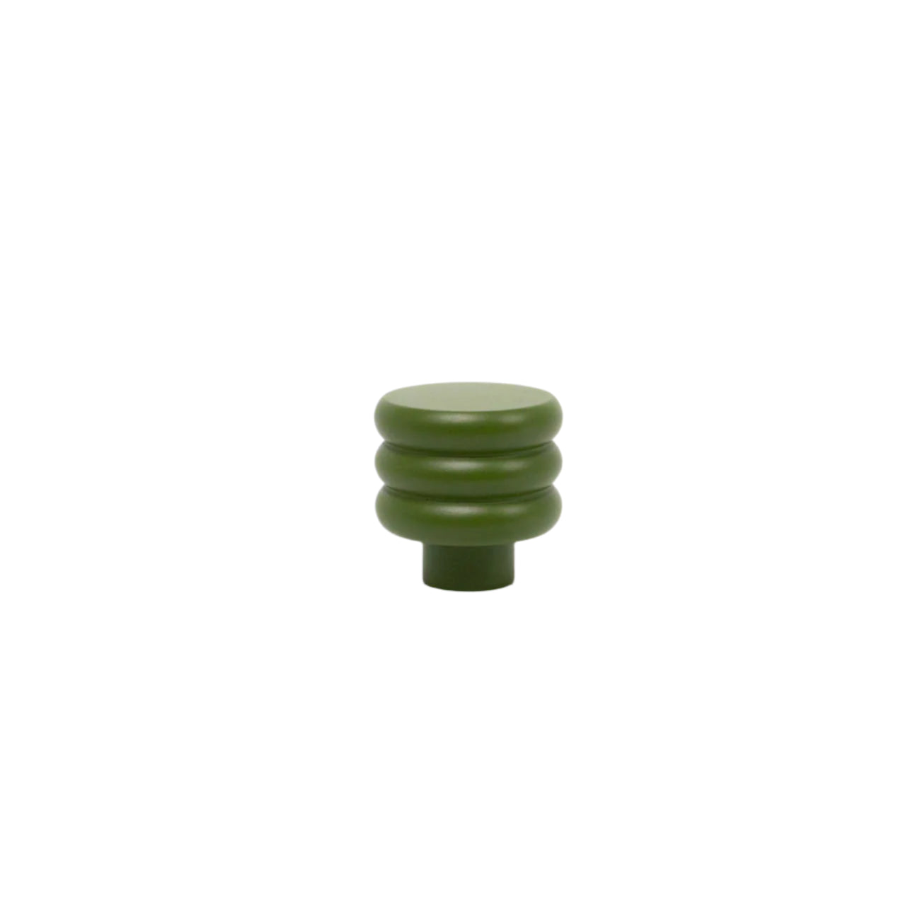 A side view of the olive green modern cabinet pull. It has a round top with three distinct round rings, like a honey drizzler or dipper, and a cylindrical base.