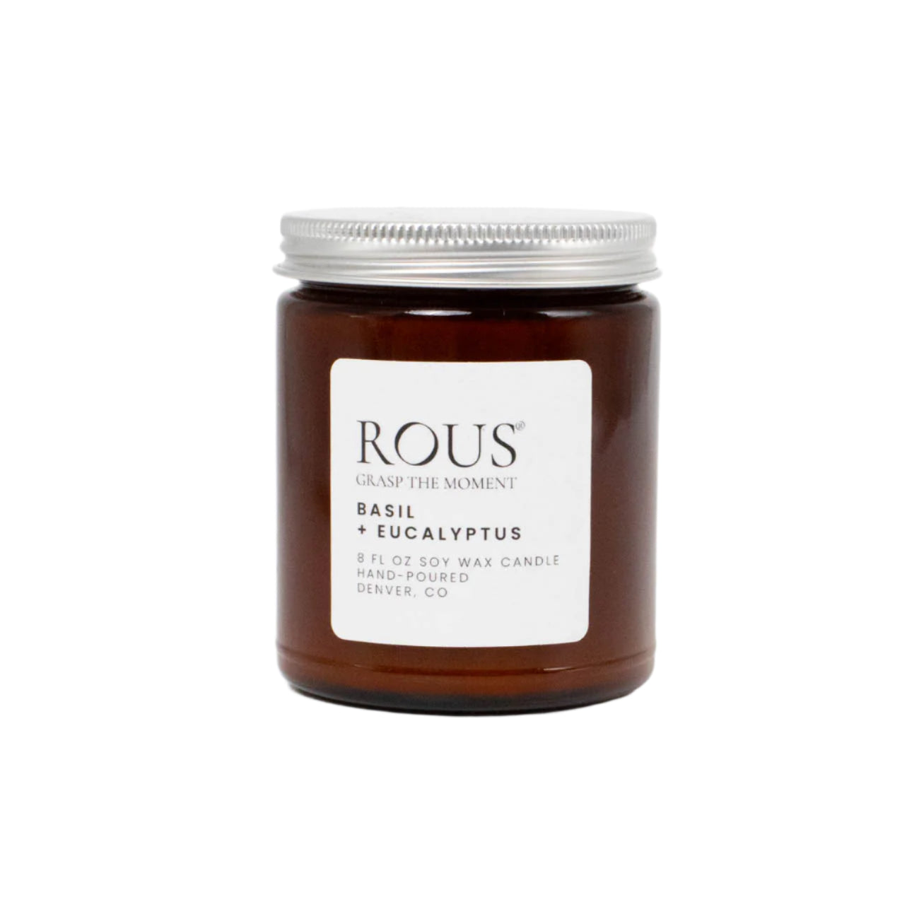 A basil and eucalyptus scented soy candle hand-poured in Denver, Colorado