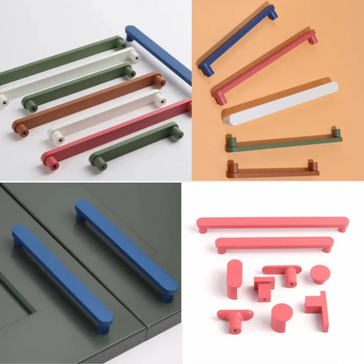 kitchen and bathroom cabinet handles in a variety of colors on four different flat lay images in a grid. The modern cabinet handles are green, pink, white, blue, and copper. 