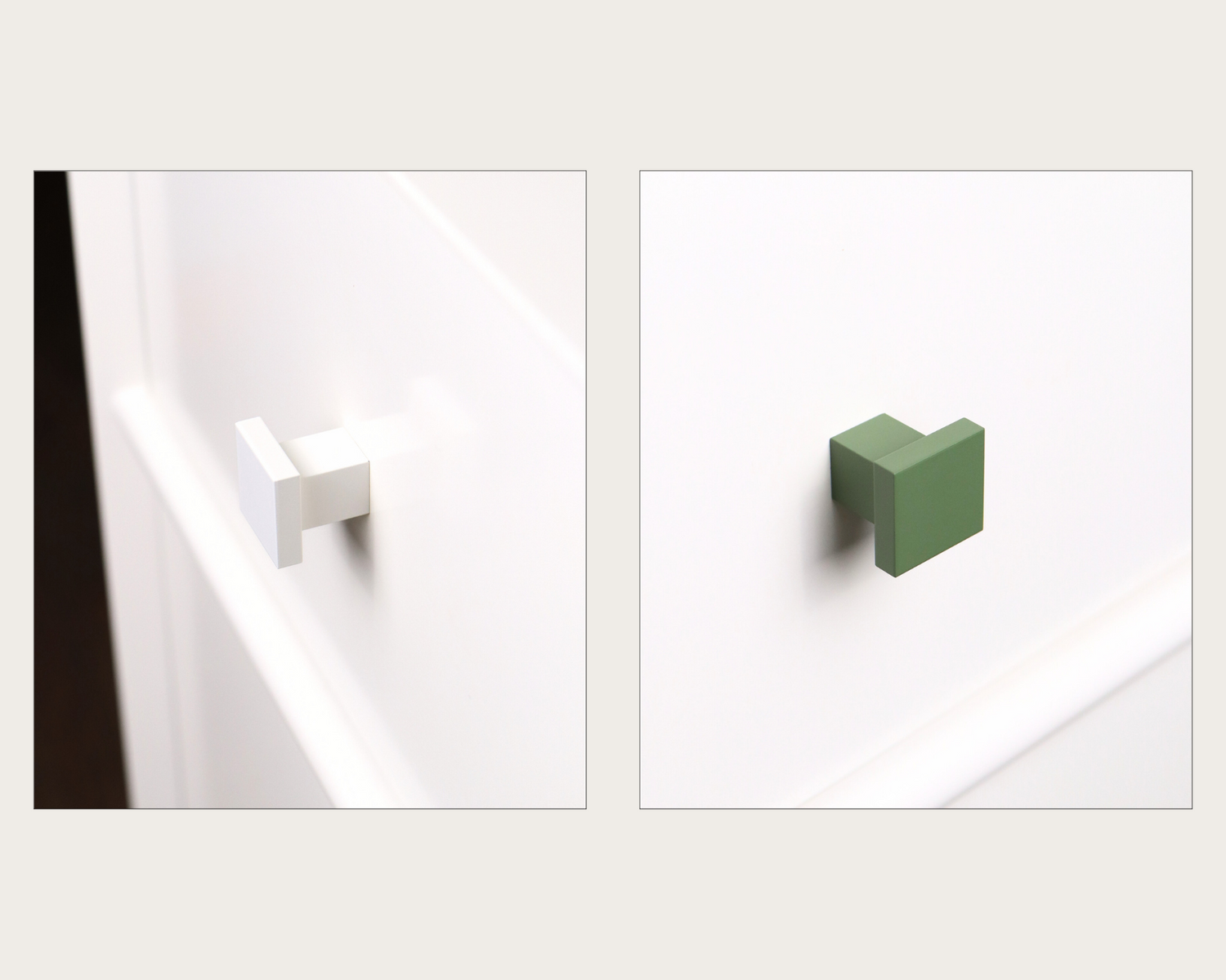 White and green square Art Deco cabinet knobs mounted on white drawers in a minimal design