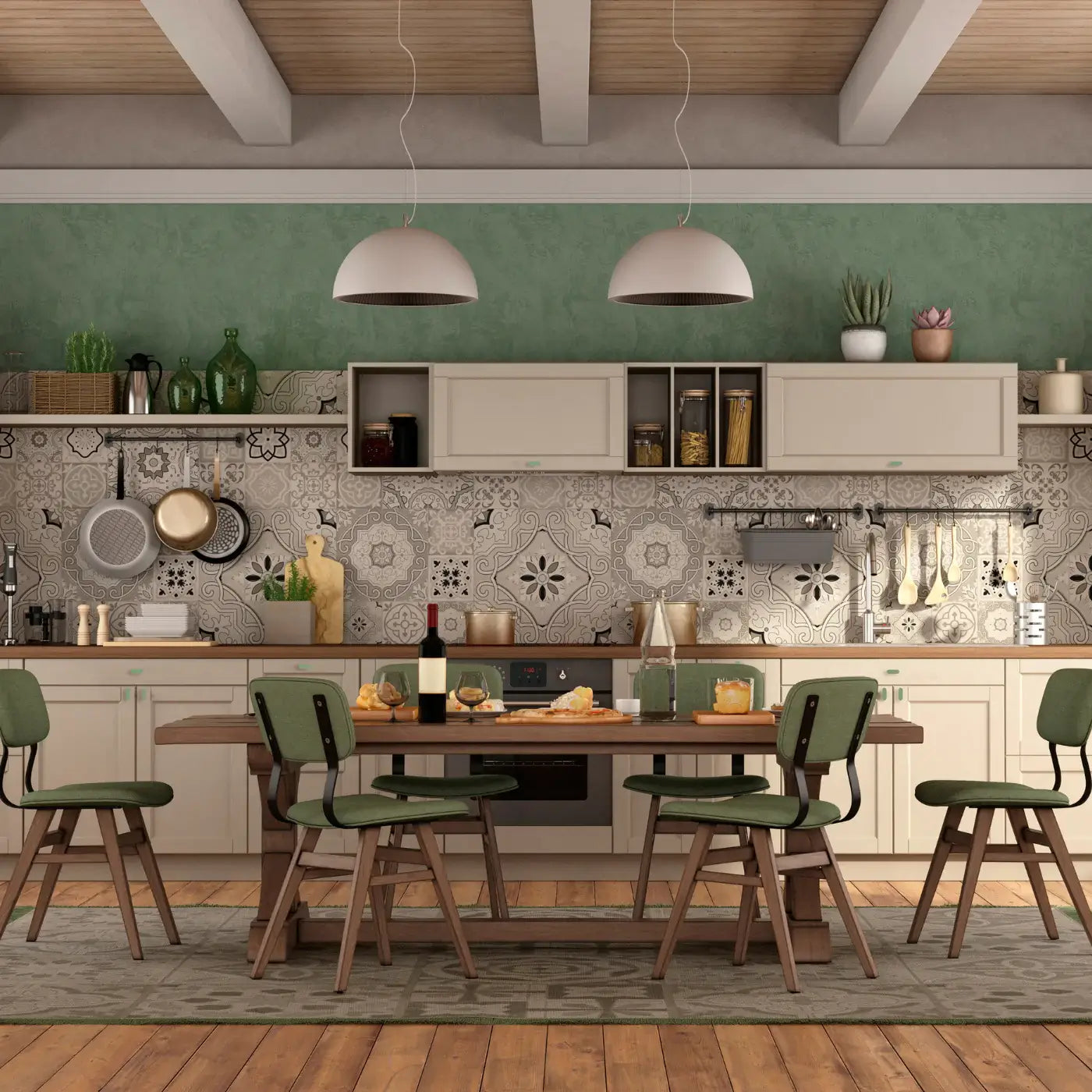Cozy kitchen with green accents, wooden table, and modern decor