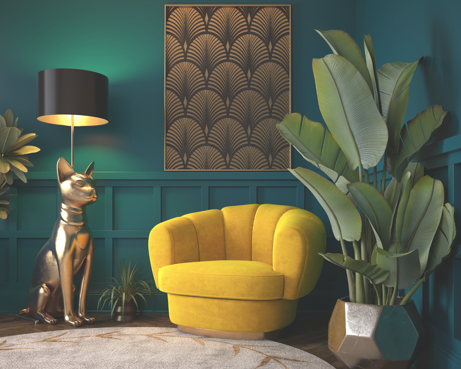 Luxurious Art Deco-inspired interior with a mustard yellow chair, teal wall paneling, gold dog sculpture, and tropical plants.
