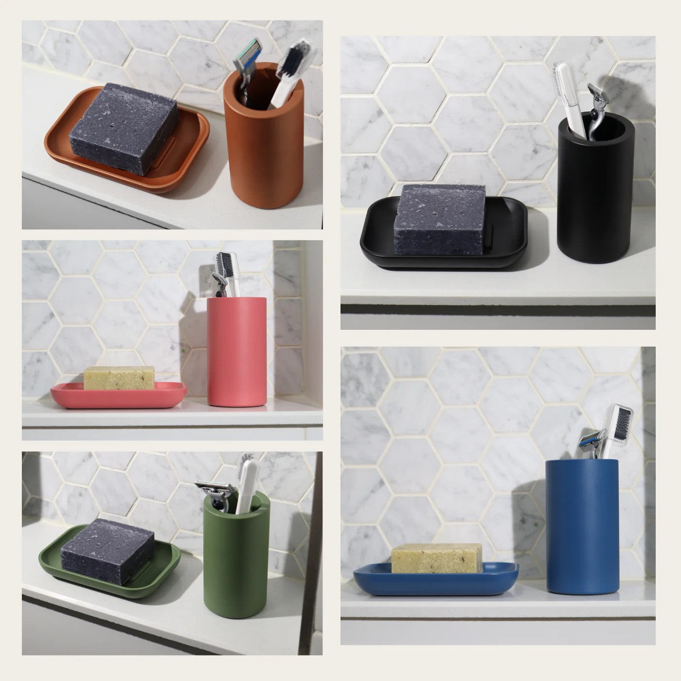 Colorful bathroom organizer sets with soap dishes and toothbrush holders displayed on shelves against hex tile walls