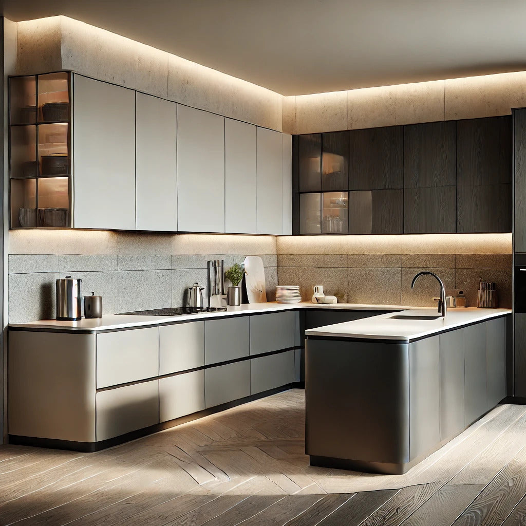 Modern shaker kitchen cabinets with a sleek island, warm lighting, and a minimalist design.