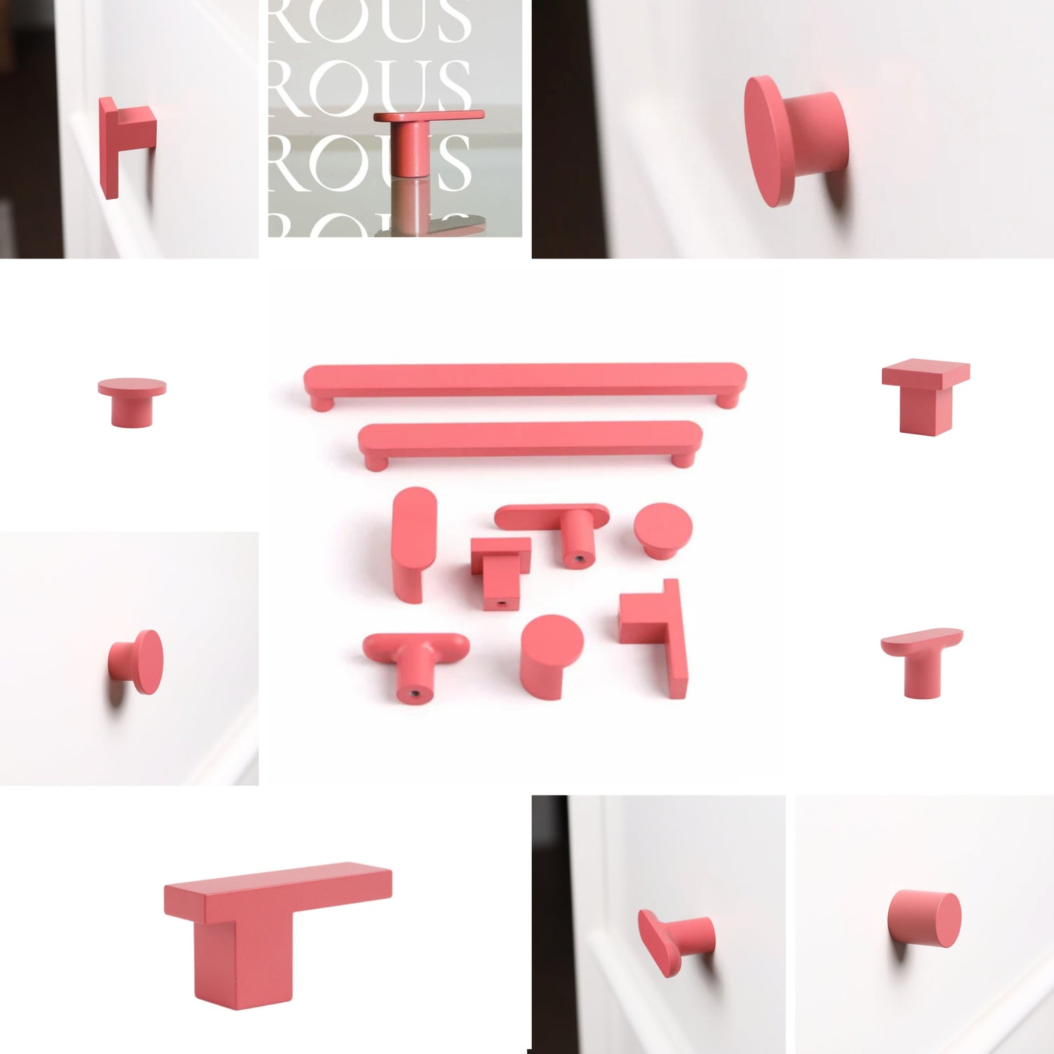 Assorted pink cabinet knobs and pulls displayed in various shapes and styles for playful, modern home decor accents.