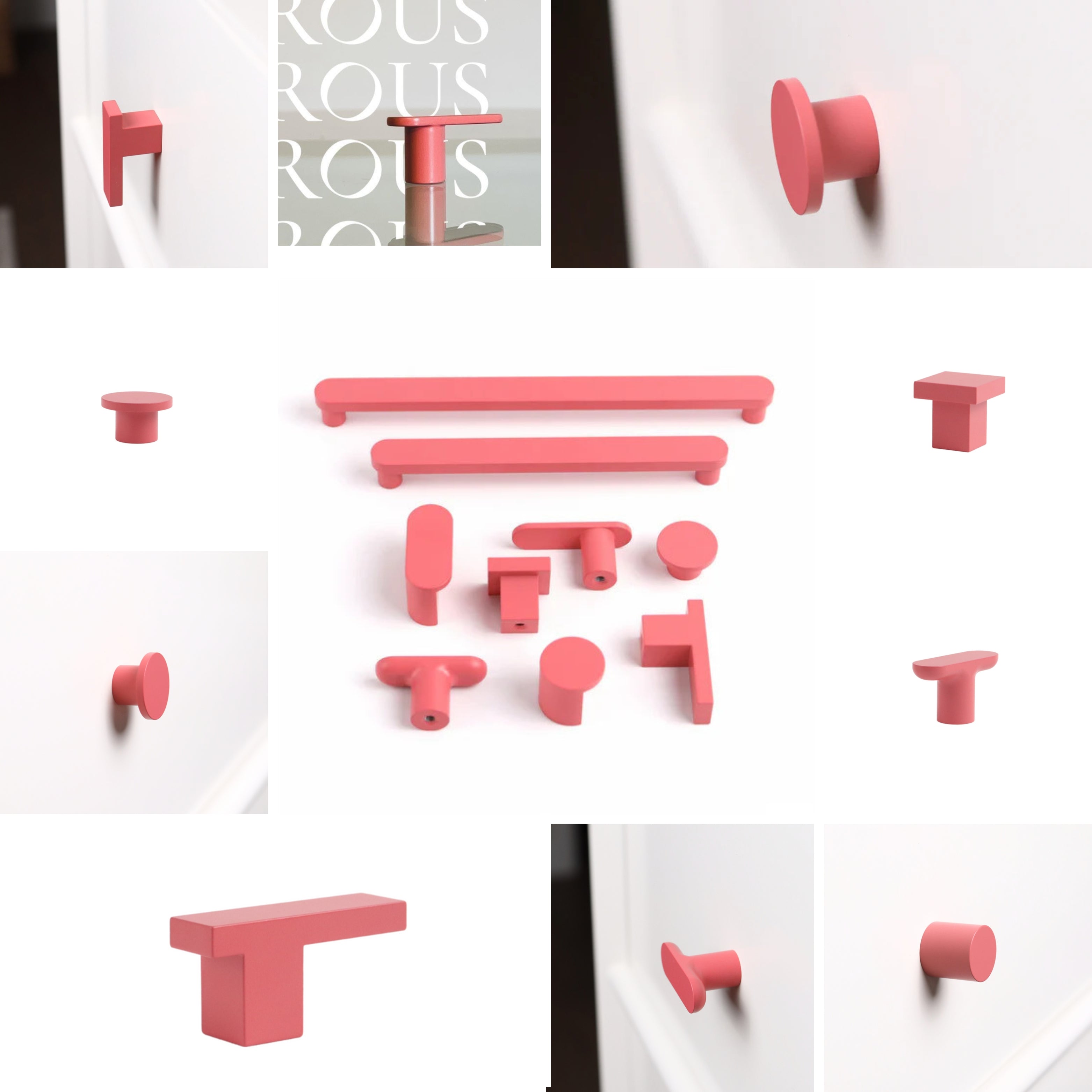 Assorted pink cabinet knobs and pulls displayed in various shapes and styles for playful, modern home decor accents.