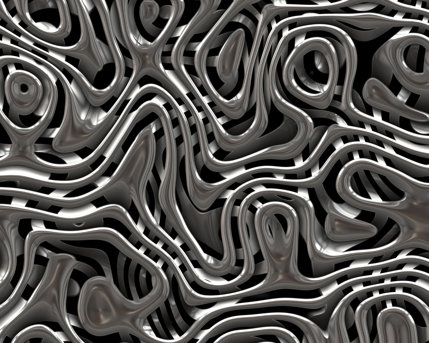 Abstract design with fluid silver shapes and curved lines on a black background, reflecting a modern, sleek aesthetic.